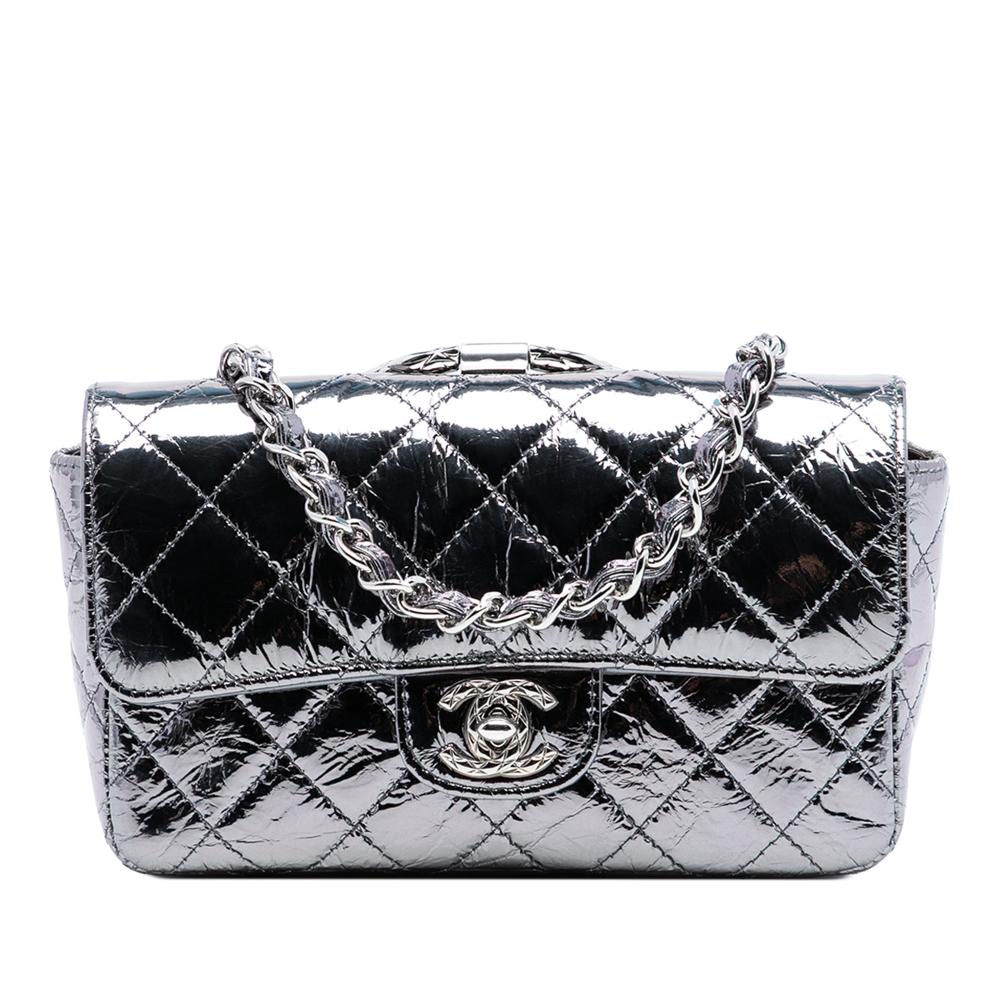 Chanel AB Chanel Silver Calf Leather Mini Quilted Metallic skin Ring Top Handle Flap France
