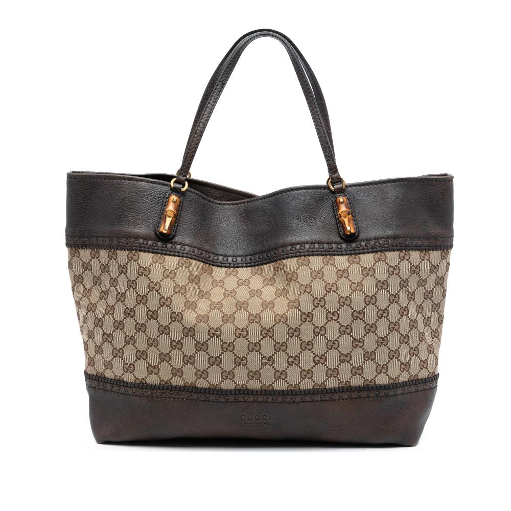 Gucci B Gucci Brown Beige Canvas Fabric Large GG Laidback Crafty Tote Italy
