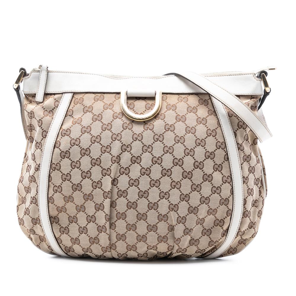 Gucci B Gucci Brown Beige with White Canvas Fabric GG Abbey D Ring Crossbody Italy