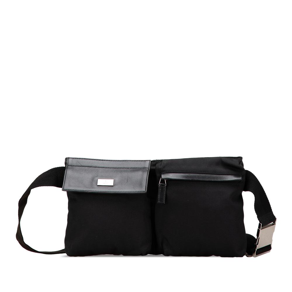 Gucci B Gucci Black Nylon Fabric Double Pocket Belt Bag Italy