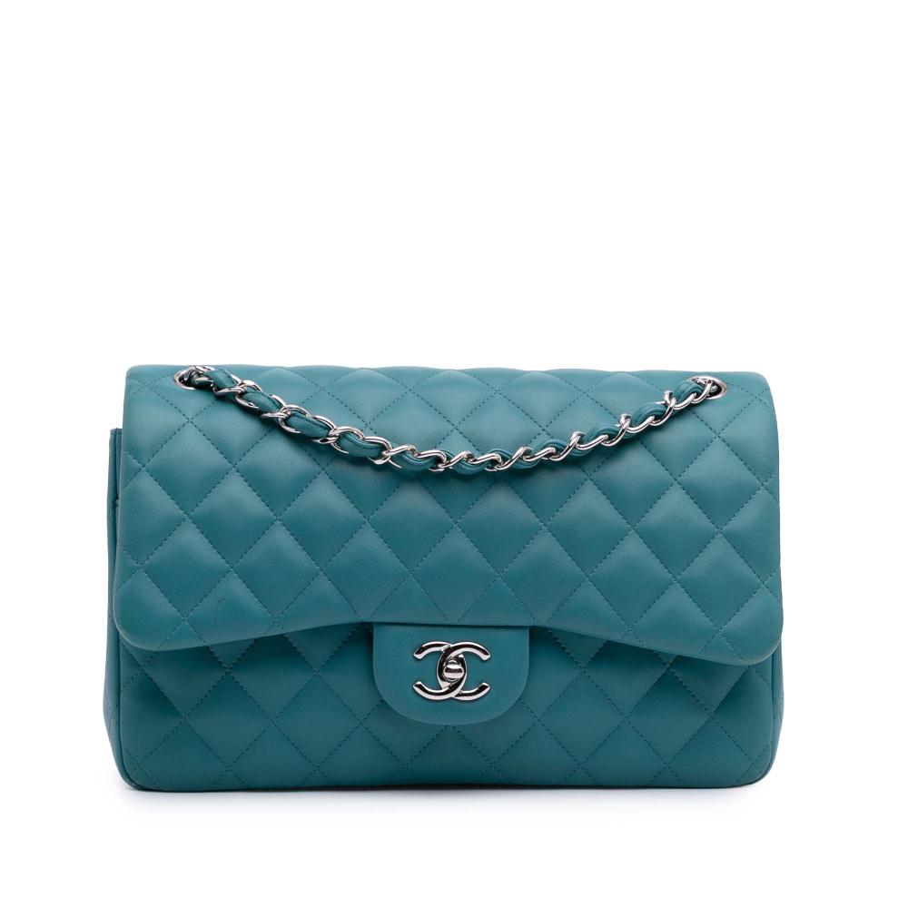 Chanel B Chanel Blue Turquoise Lambskin Leather Leather Jumbo Classic Lambskin Double Flap Italy