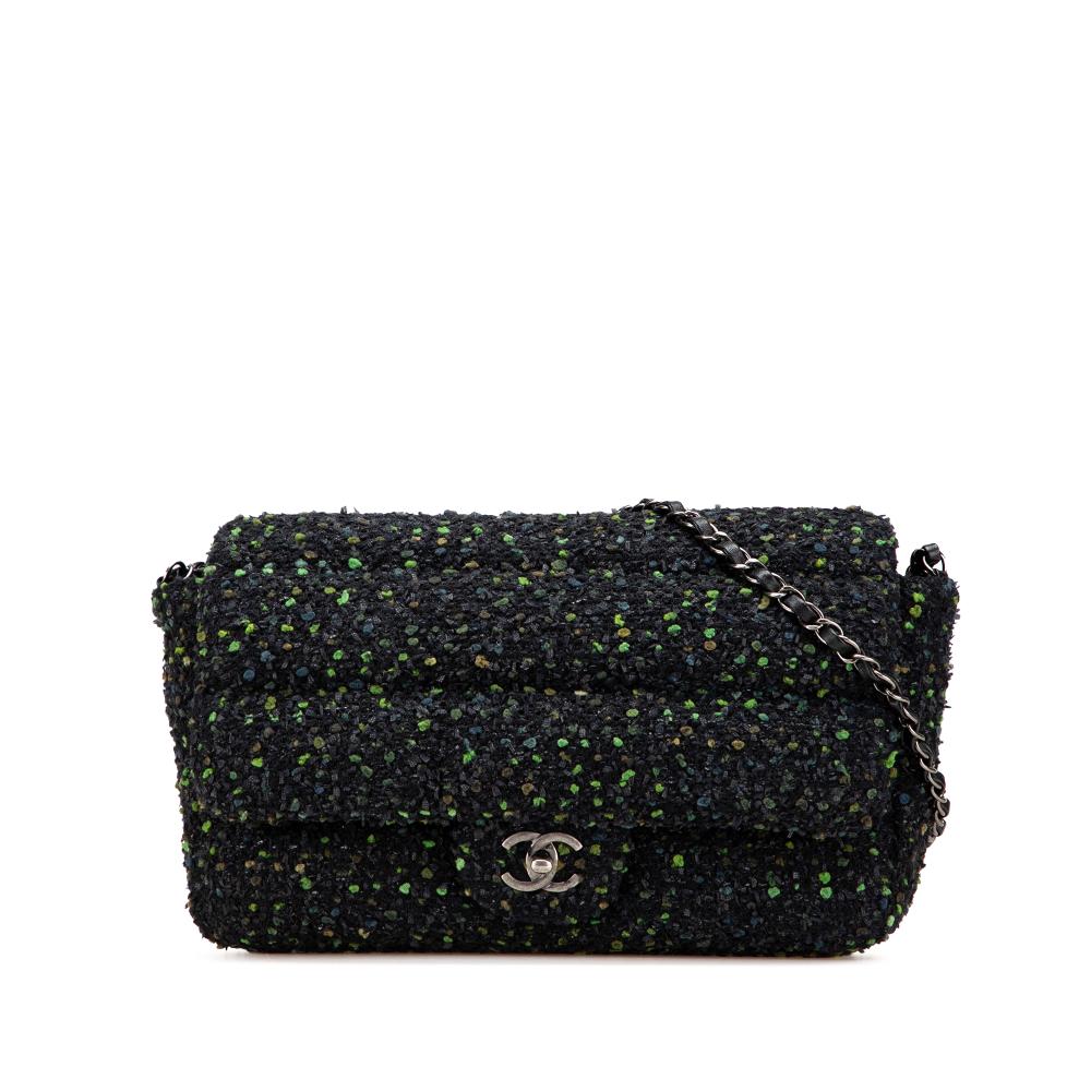 Chanel B Chanel Black Tweed Fabric CC Flap France