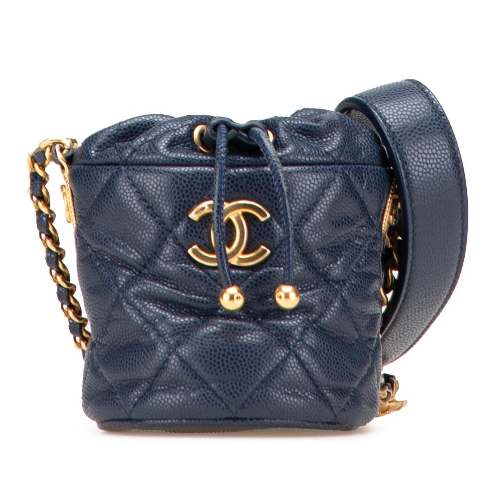 Chanel Blue Mini Quilted Caviar Medallion Charms Drawstring Bucket Bag Italy