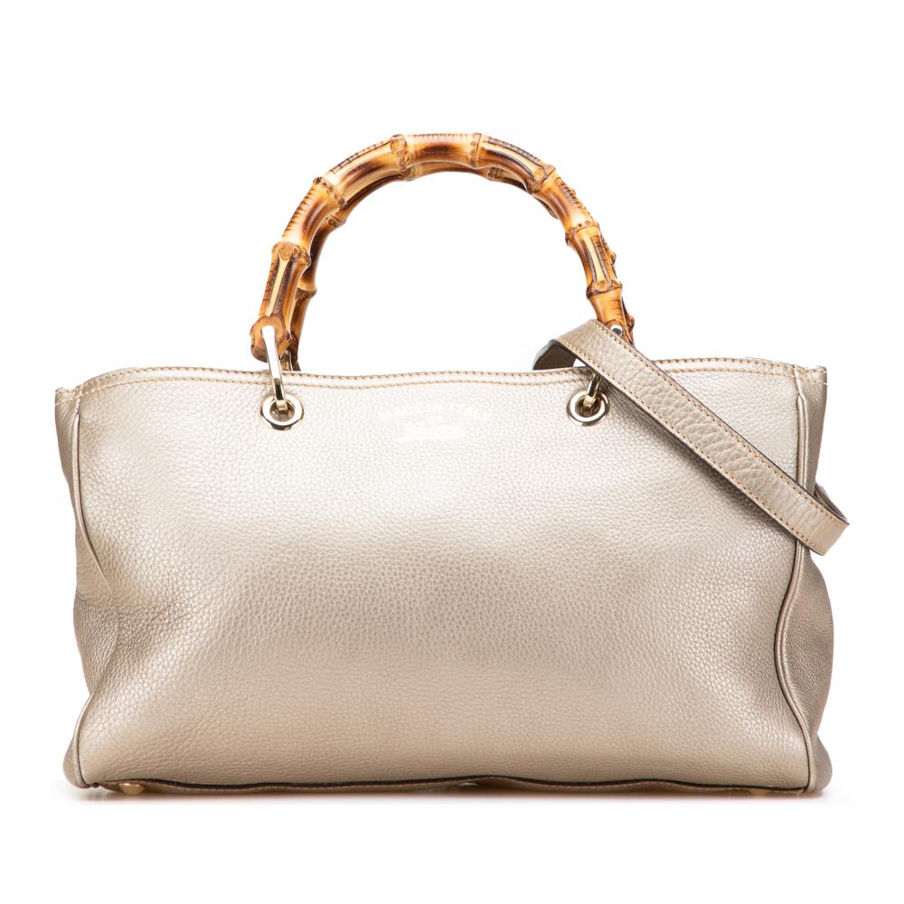Gucci B Gucci Gold Calf Leather Medium skin Bamboo Shopper Satchel Italy