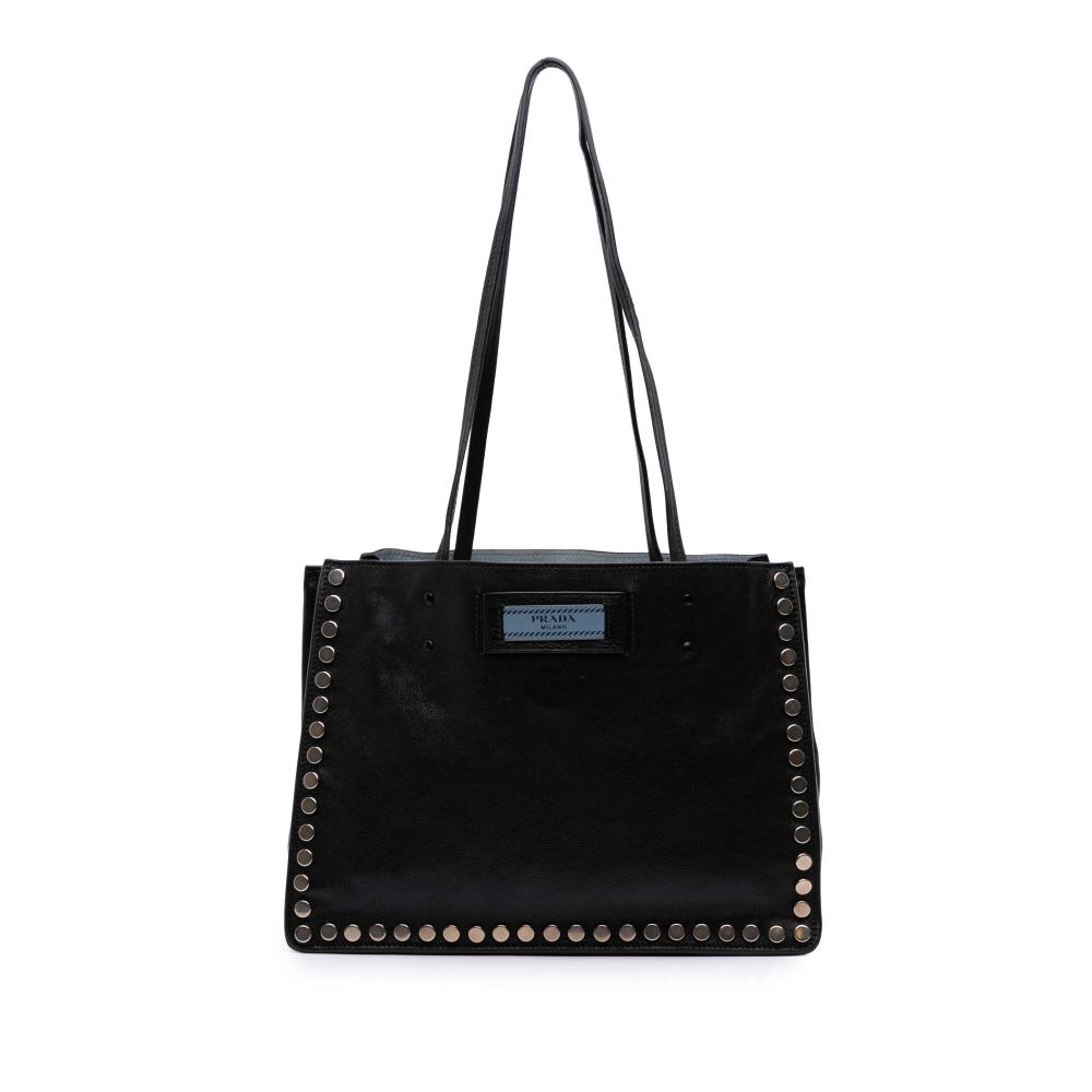 Prada B Prada Black Calf Leather Glace Studded Etiquette Tote Italy