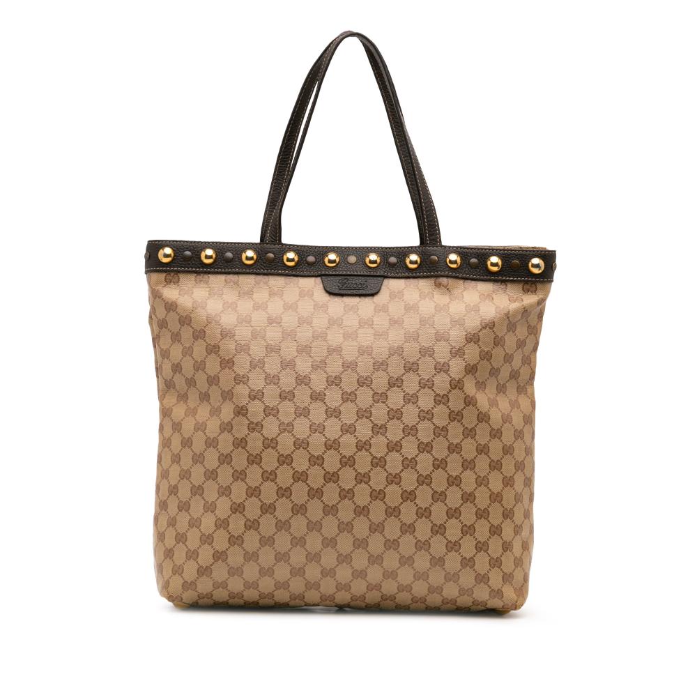 Gucci B Gucci Brown Beige Coated Canvas Fabric GG Crystal Babouska Tote Italy