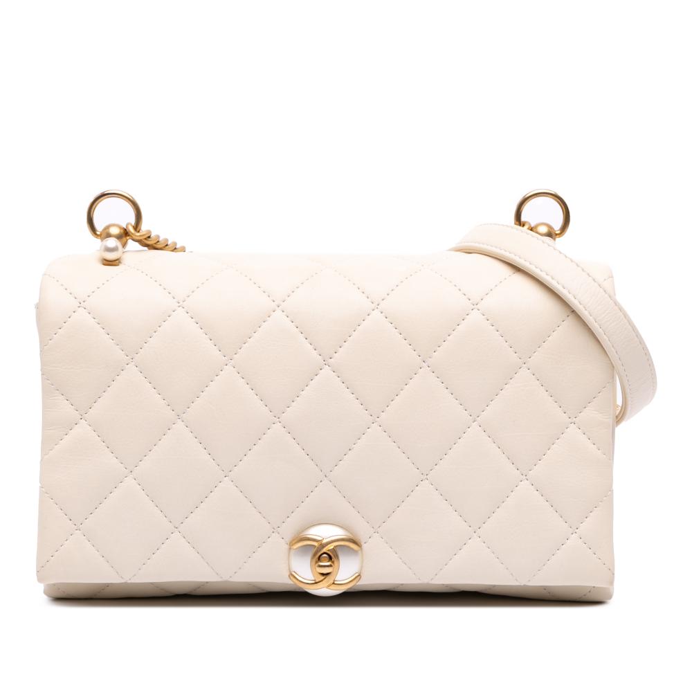 Chanel AB Chanel White Ivory Calf Leather Small Quilted skin Pearl CC Accordion Flap Italy