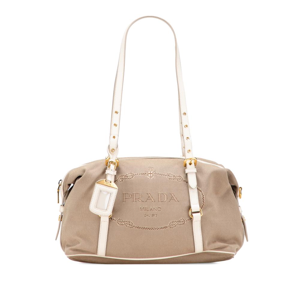 Prada B Prada Brown Beige with White Canvas Fabric Canapa Logo Shoulder Bag Italy