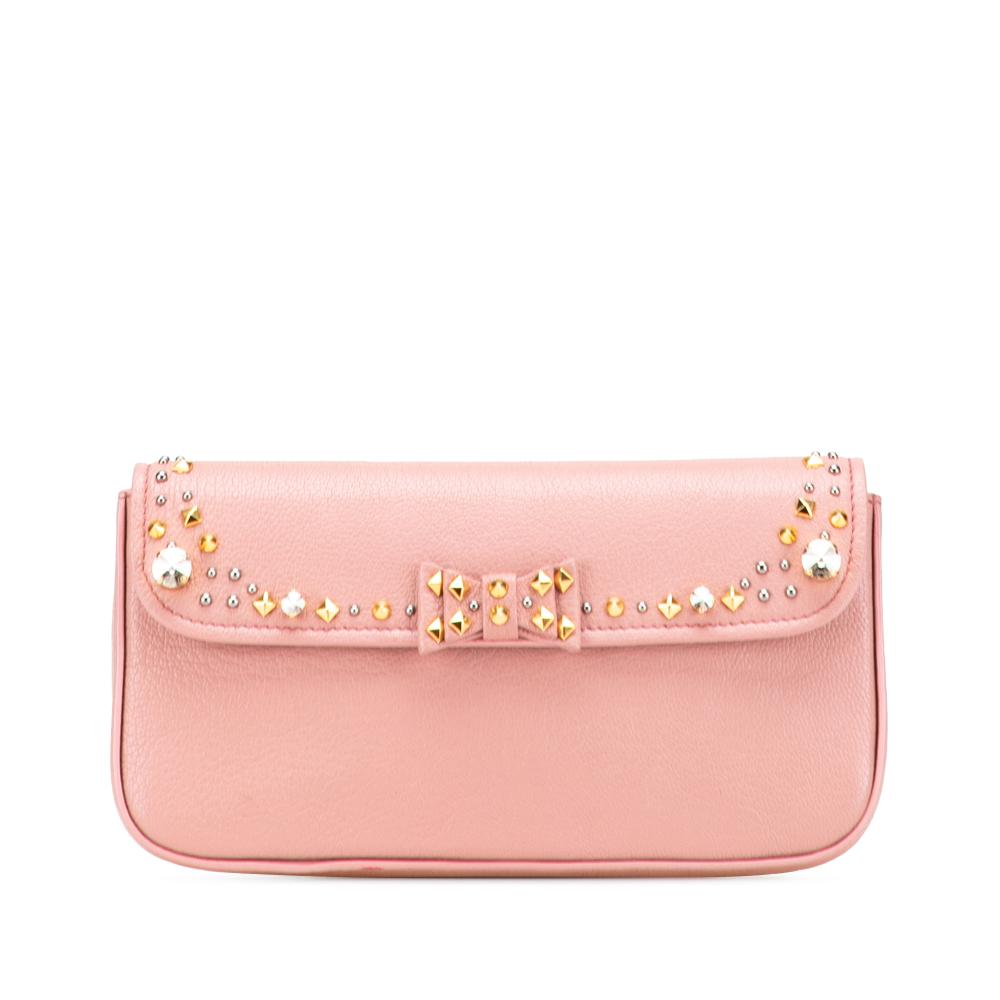 Miu Miu B Miu Miu Pink Goatskin Leather Madras Crystal Studded Clutch Turkey