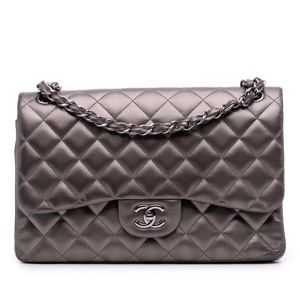 Chanel B Chanel Gray Dark Gray Lambskin Leather Leather Jumbo Classic Lambskin Double Flap France