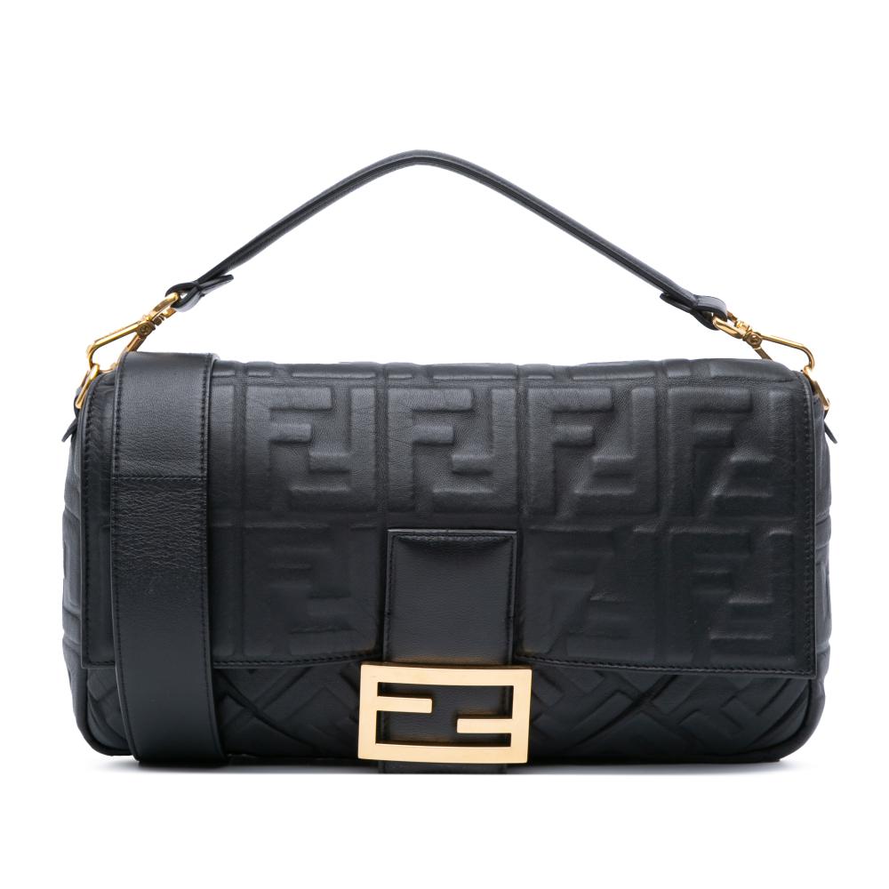 Fendi B Fendi Black Calf Leather Large Zucca Embossed Baguette Satchel Italy