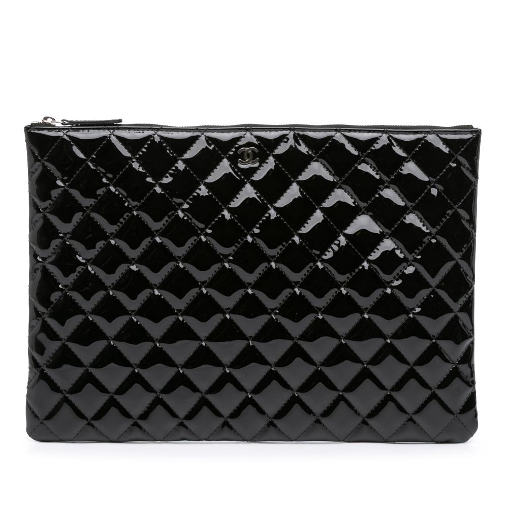 Chanel AB Chanel Black Patent Leather Leather Large Quilted Patent O Case Clutch Italy