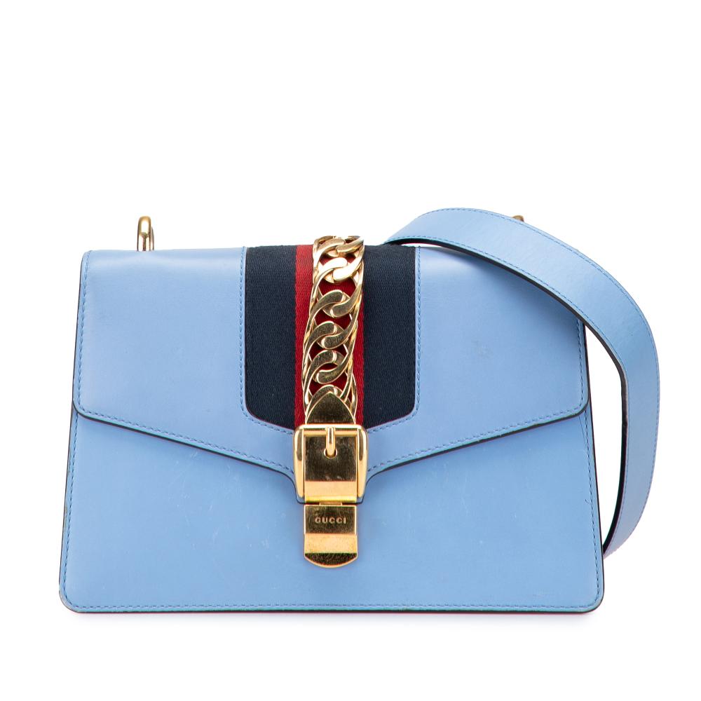 Gucci B Gucci Blue Light Blue Calf Leather Small Sylvie Web Satchel Italy