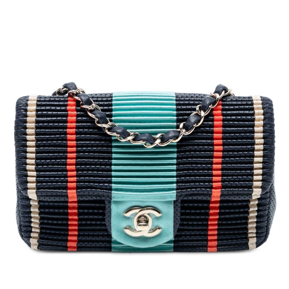 Chanel B Chanel Blue Navy Lambskin Leather Leather New Mini Pleated Perforated Lambskin Single Flap France