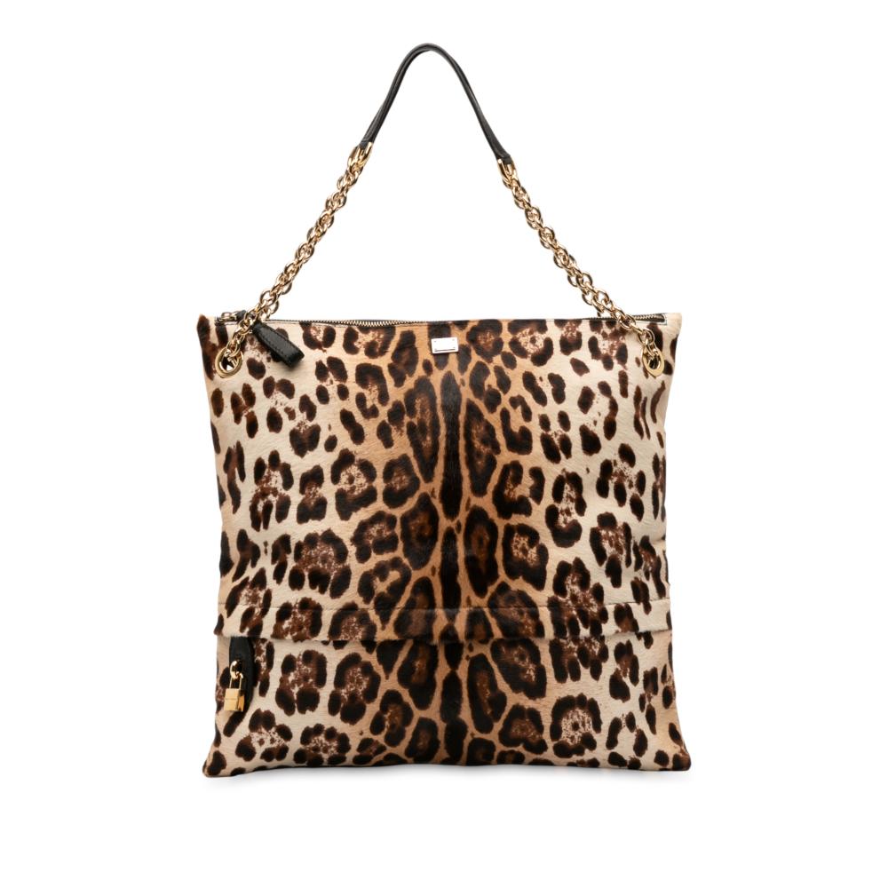 Dolce&Gabbana B Dolce & Gabbana Brown with Black Pony Hair Natural Material Leopard Print Chain Tote Italy