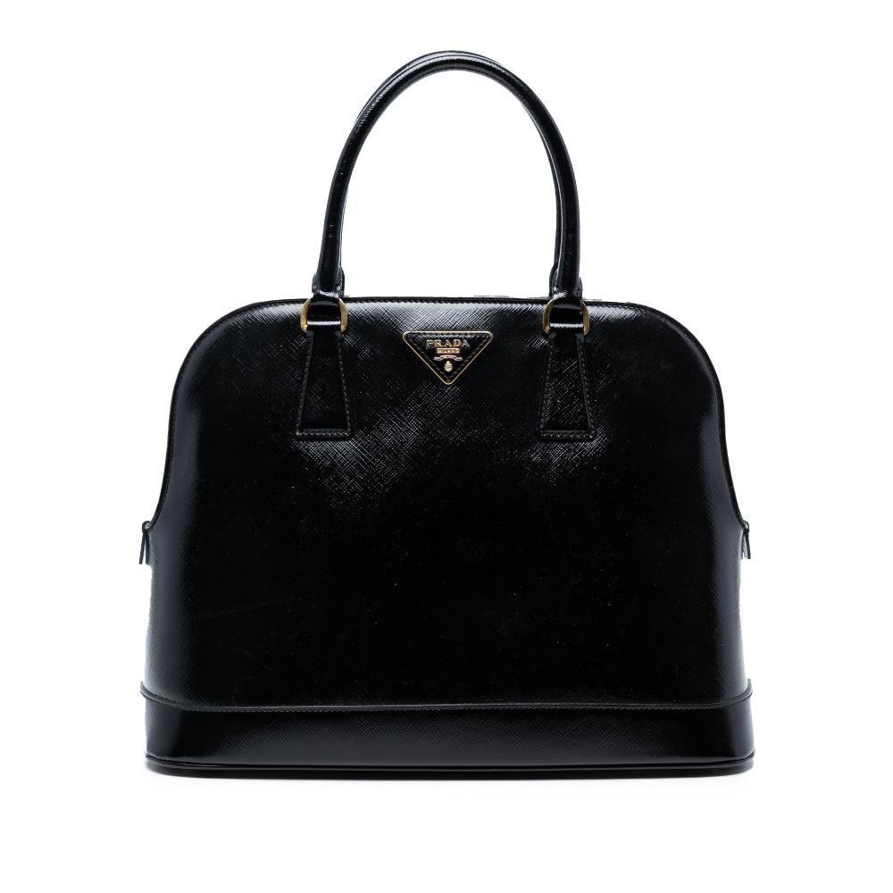 Prada B Prada Black Saffiano Leather Vernice Promenade Dome Satchel Italy
