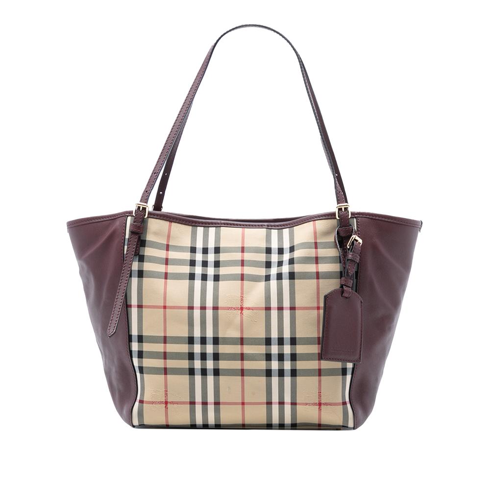 Burberry B Burberry Brown Beige Canvas Fabric Small Haymarket Check and Leather Canterbury Tote Italy