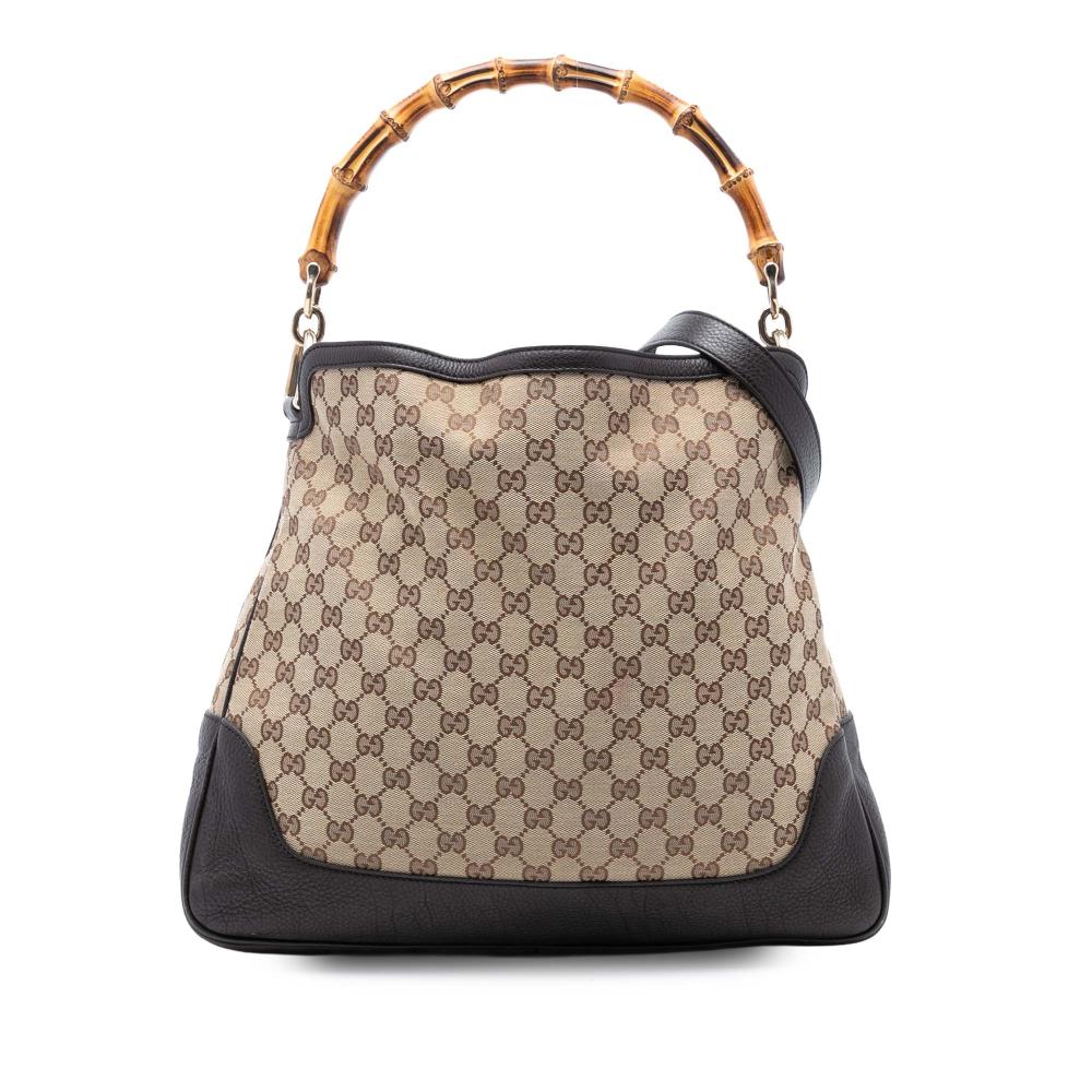 Gucci B Gucci Brown Beige Canvas Fabric GG Bamboo Diana Satchel Italy