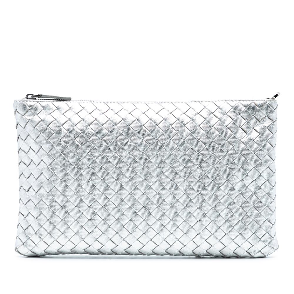 Bottega Veneta AB Bottega Veneta Silver Calf Leather Metallic Intrecciato Clutch Italy