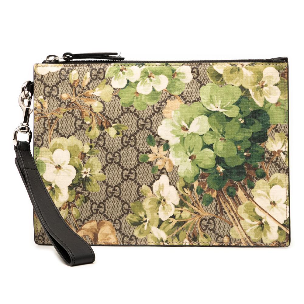 Gucci B Gucci Brown Beige Coated Canvas Fabric GG Supreme Blooms Clutch Italy