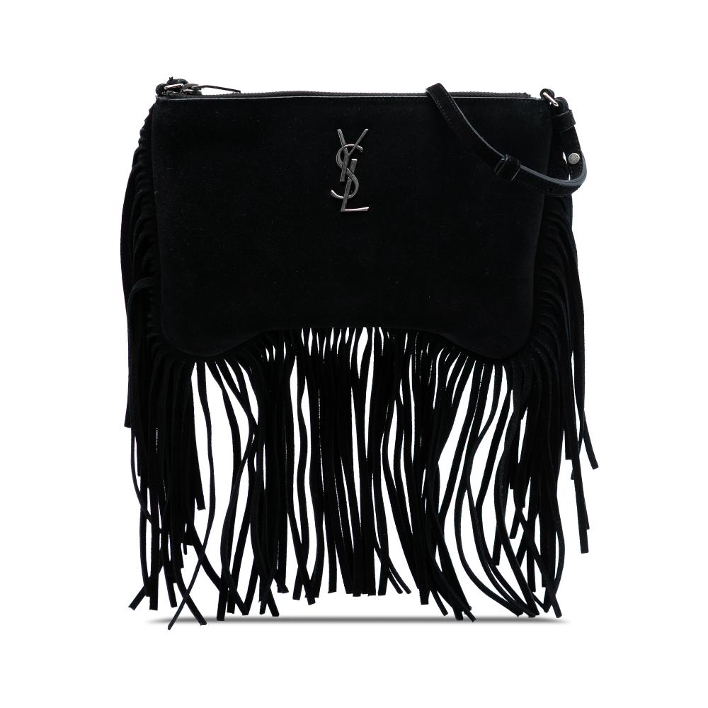 Saint Laurent AB Saint Laurent Black Suede Leather Monogram Fringe Crossbody Italy