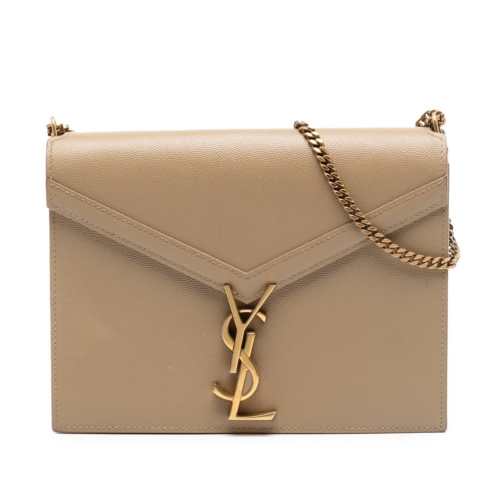 Saint Laurent B Saint Laurent Brown Beige Calf Leather Grain De Poudre Monogram Cassandra Chain Wallet Italy