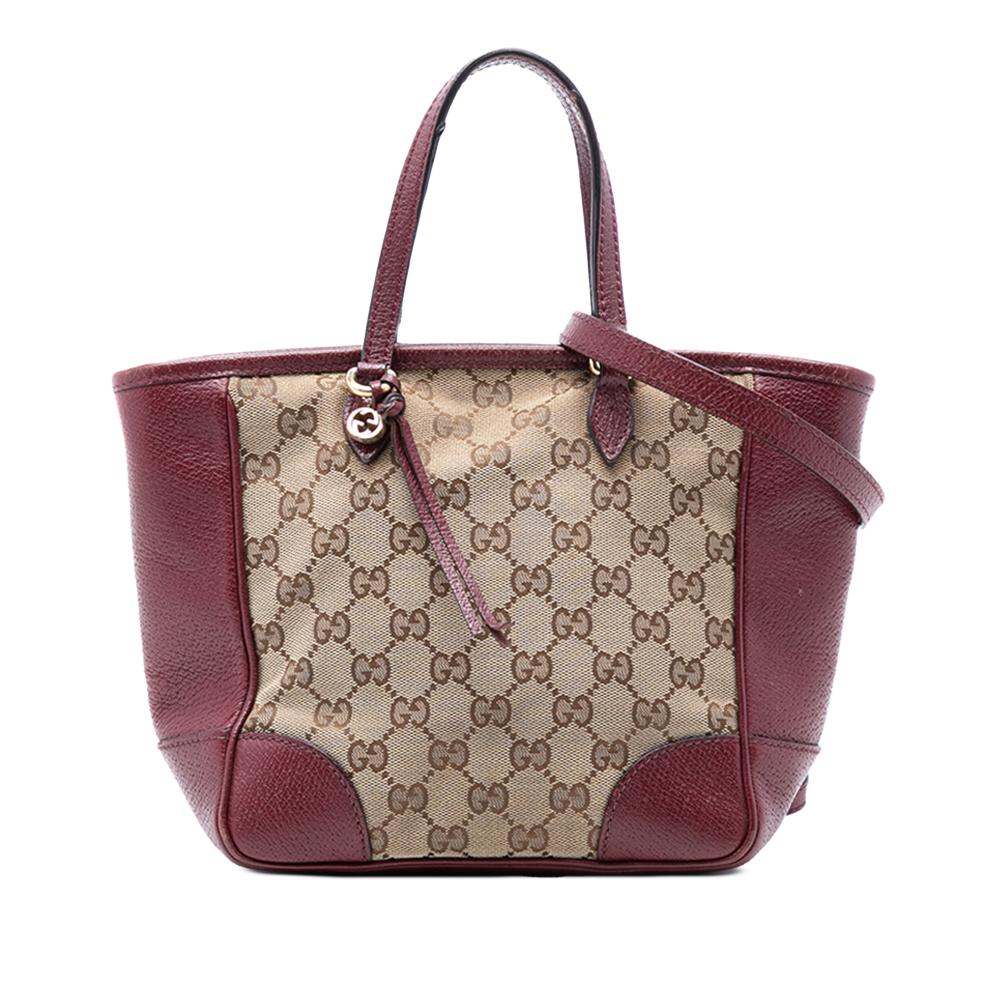 Gucci B Gucci Brown Beige with Red Dark Red Canvas Fabric Small GG Bree Satchel Italy