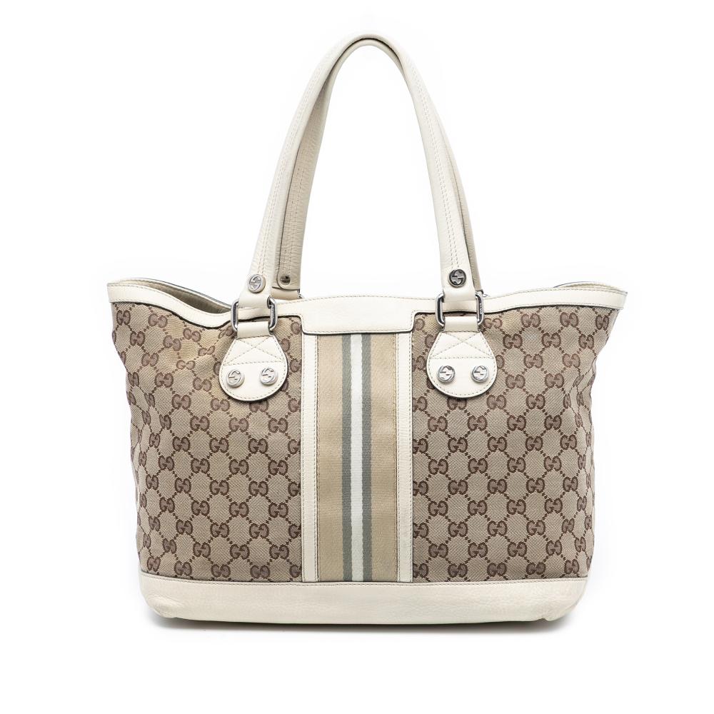 Gucci B Gucci Brown Beige with White Canvas Fabric GG Web Sunset Tote Italy