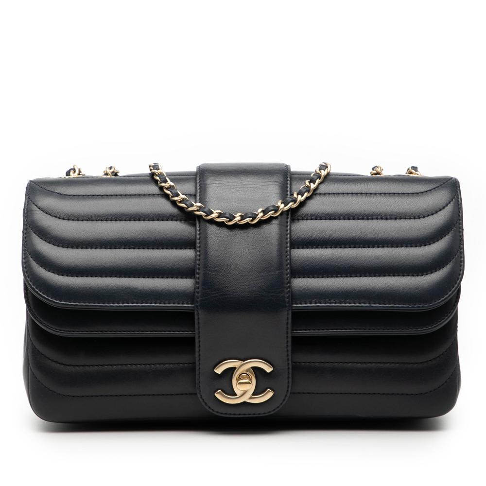 Chanel AB Chanel Blue Navy Lambskin Leather Leather CC Horizontal Quilted Lambskin Double Flap France