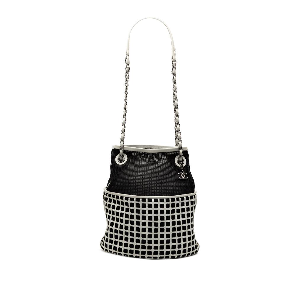 Chanel B Chanel Black with White Off White Mesh Fabric CC and Calfskin Bucket Bag Italy