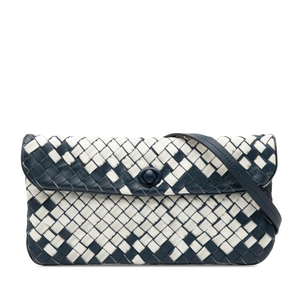 Bottega Veneta B Bottega Veneta White Navy Nylon Fabric Mini and Nappa Intrecciato Turn Lock Crossbody Italy
