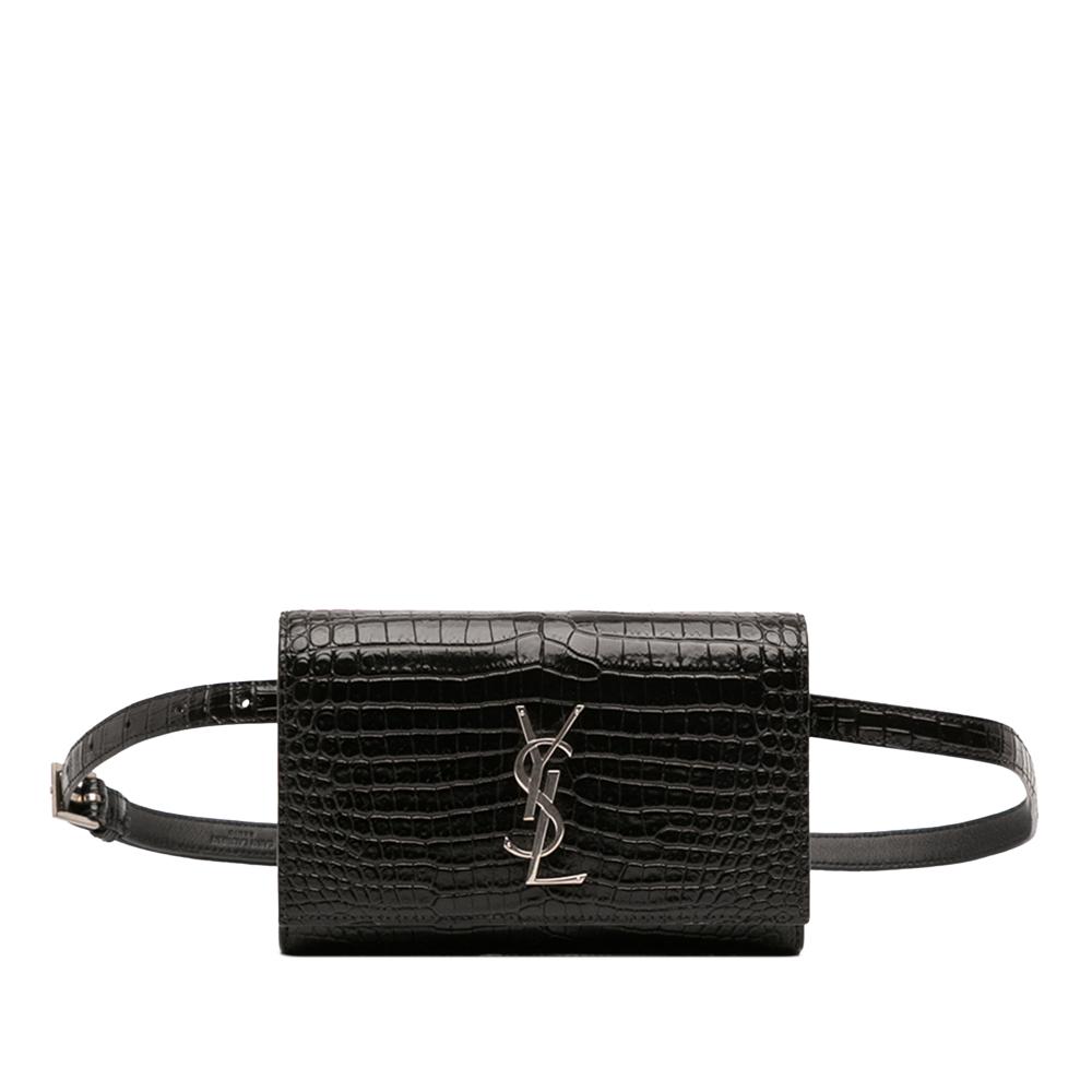 Saint Laurent AB Saint Laurent Black Calf Leather Croc Embossed Monogram Kate Belt Bag Italy