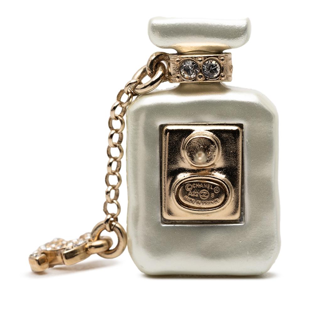 Chanel B Chanel White Pearl Resin Plastic CC Gold Plated Rhinestone No. 5 Perfume Bottle Brooch France