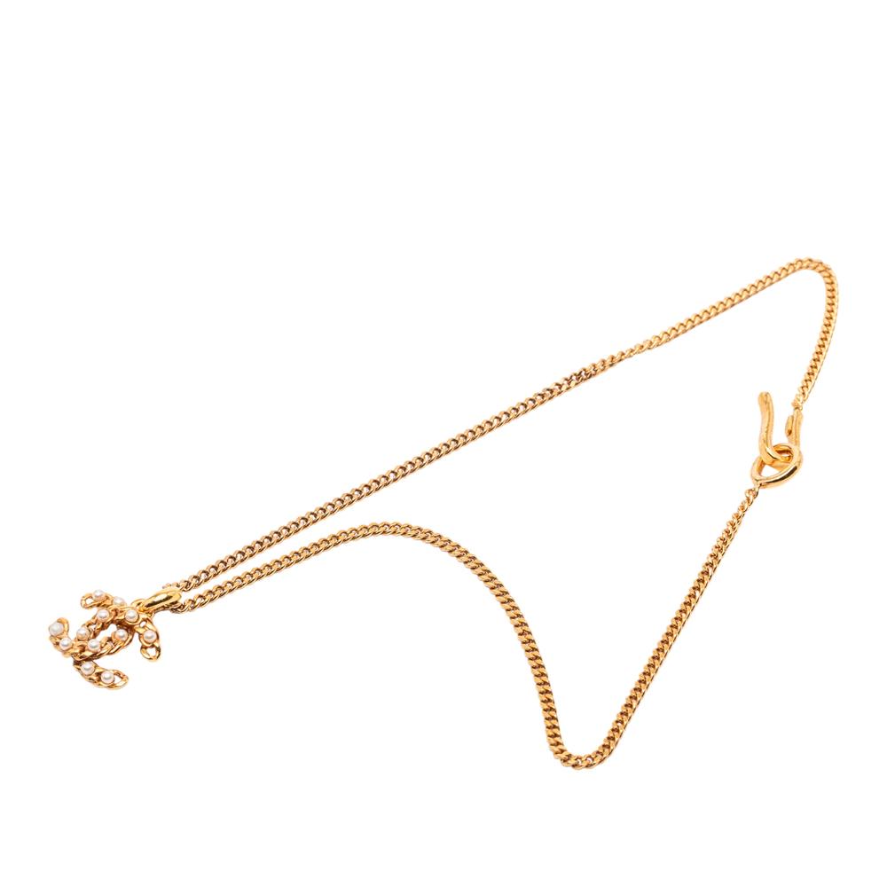 Chanel B Chanel Gold with White Pearl Gold Plated Metal Faux Pearl CC Pendant Necklace France