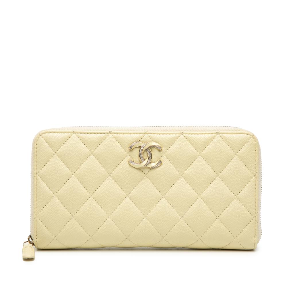 Chanel Yellow CC Quilted Caviar Enamel Rhinestone Zip Around Long Wallet Spain