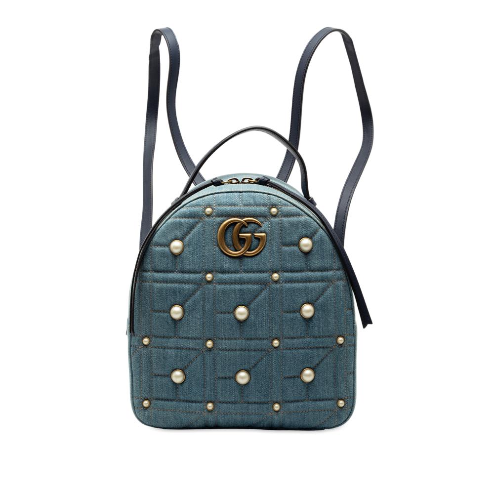 Gucci AB Gucci Blue Denim Denim Fabric Small GG Marmont Pearl Studded Matelasse Backpack Italy