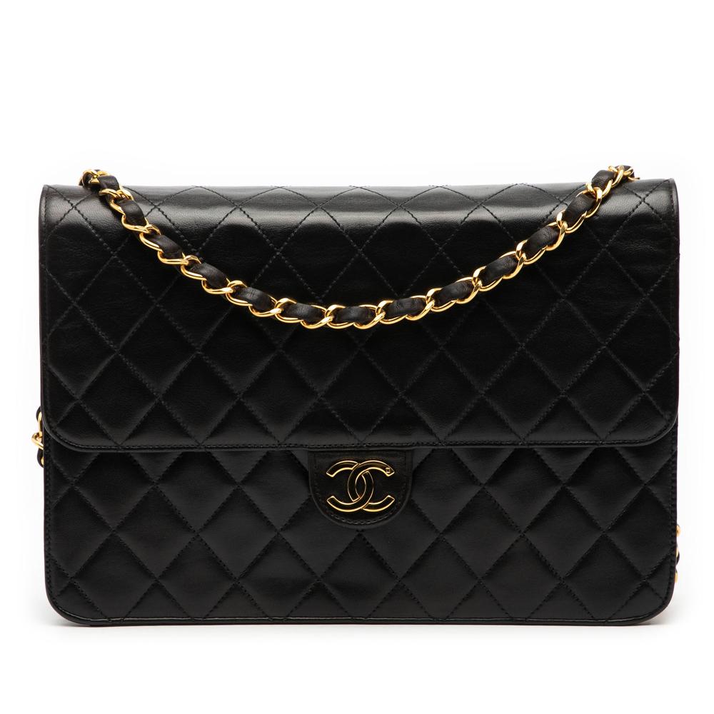 Chanel B Chanel Black Lambskin Leather Leather Medium CC Quilted Lambskin Single Flap France