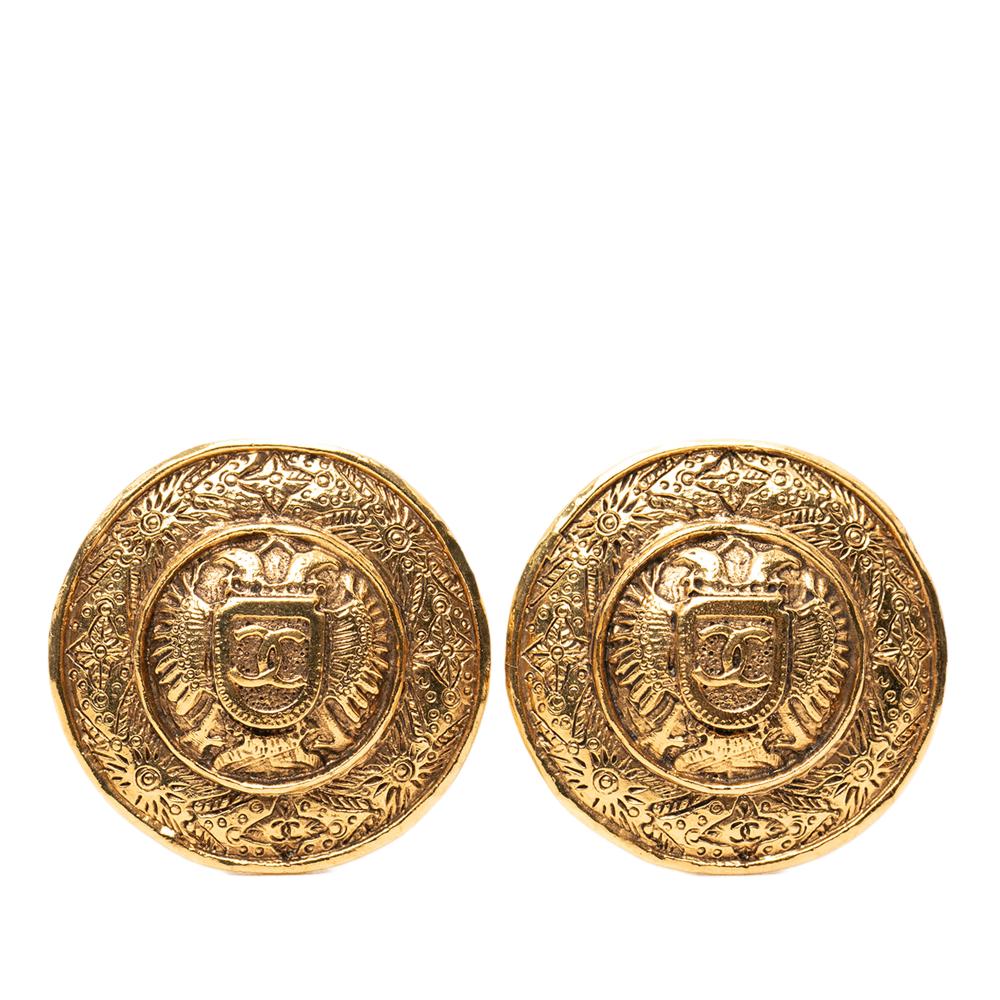 Chanel B Chanel Gold Gold Plated Metal CC Crest Round Clip On Earrings France