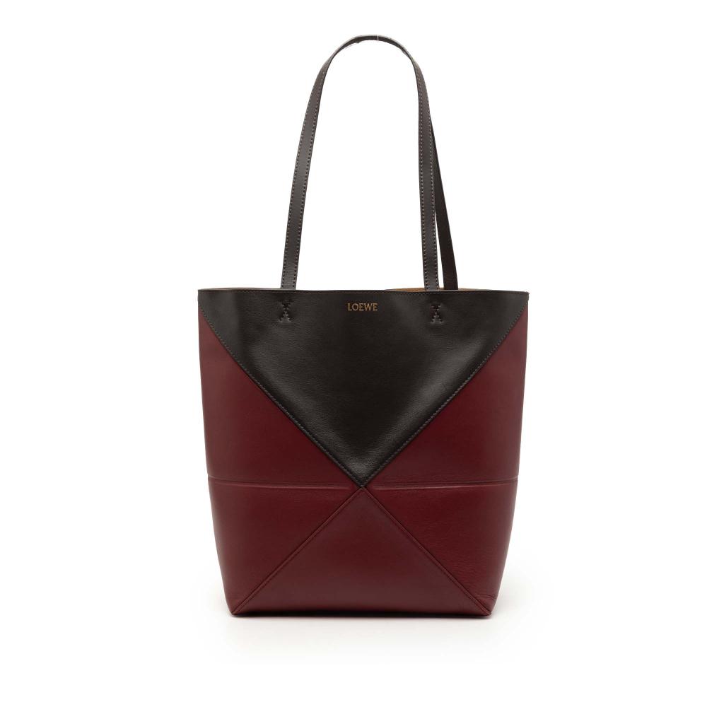 Loewe B LOEWE Red Burgundy with Black Calf Leather Medium Bicolor Shiny skin Puzzle Fold Tote Spain