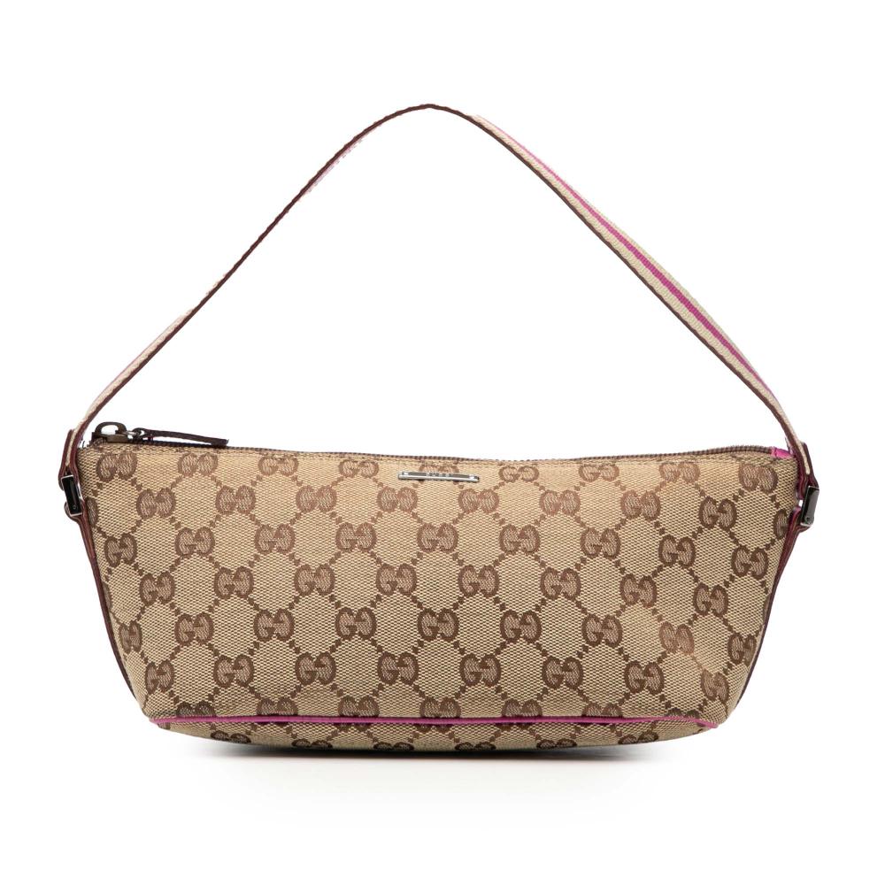 Gucci B Gucci Brown Beige with Pink Canvas Fabric GG Web Boat Italy