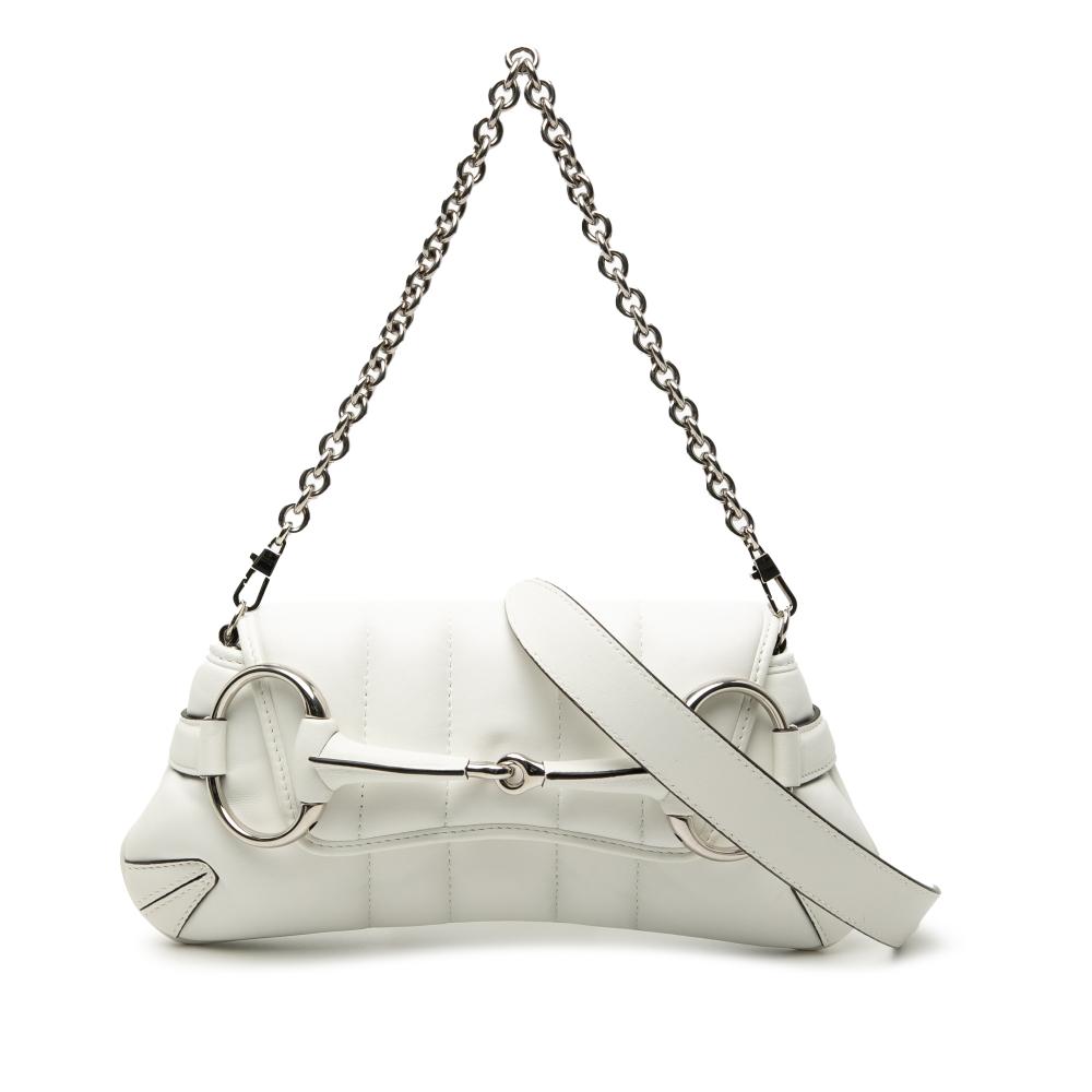 Gucci AB Gucci White Calf Leather Small Quilted Horsebit Chain Satchel Italy