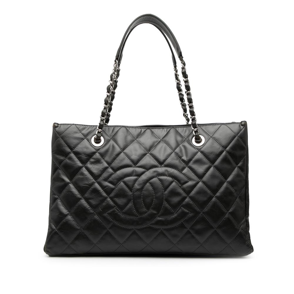 Chanel B Chanel Black Calf Leather CC Crinkled skin Chain Shopping Tote Italy