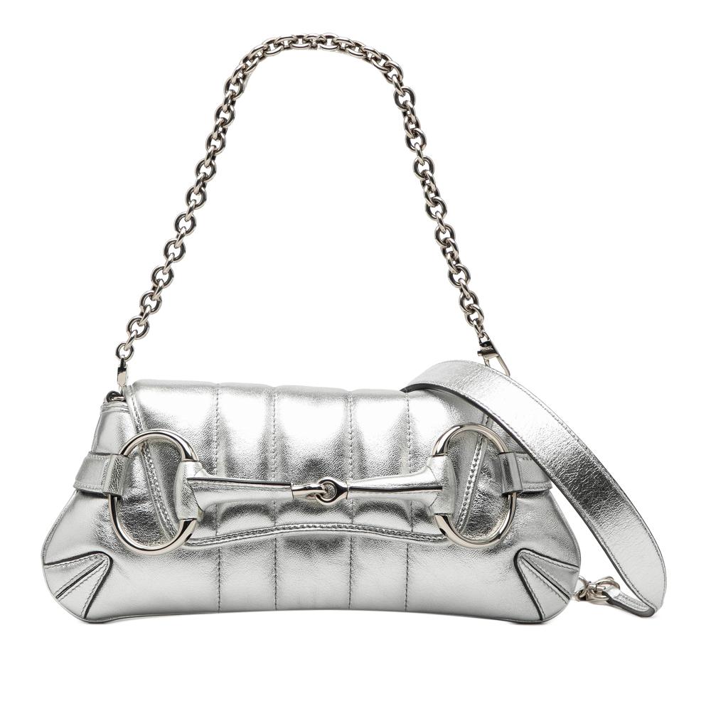 Gucci AB Gucci Silver Calf Leather Small Metallic Quilted Horsebit Chain Satchel Italy