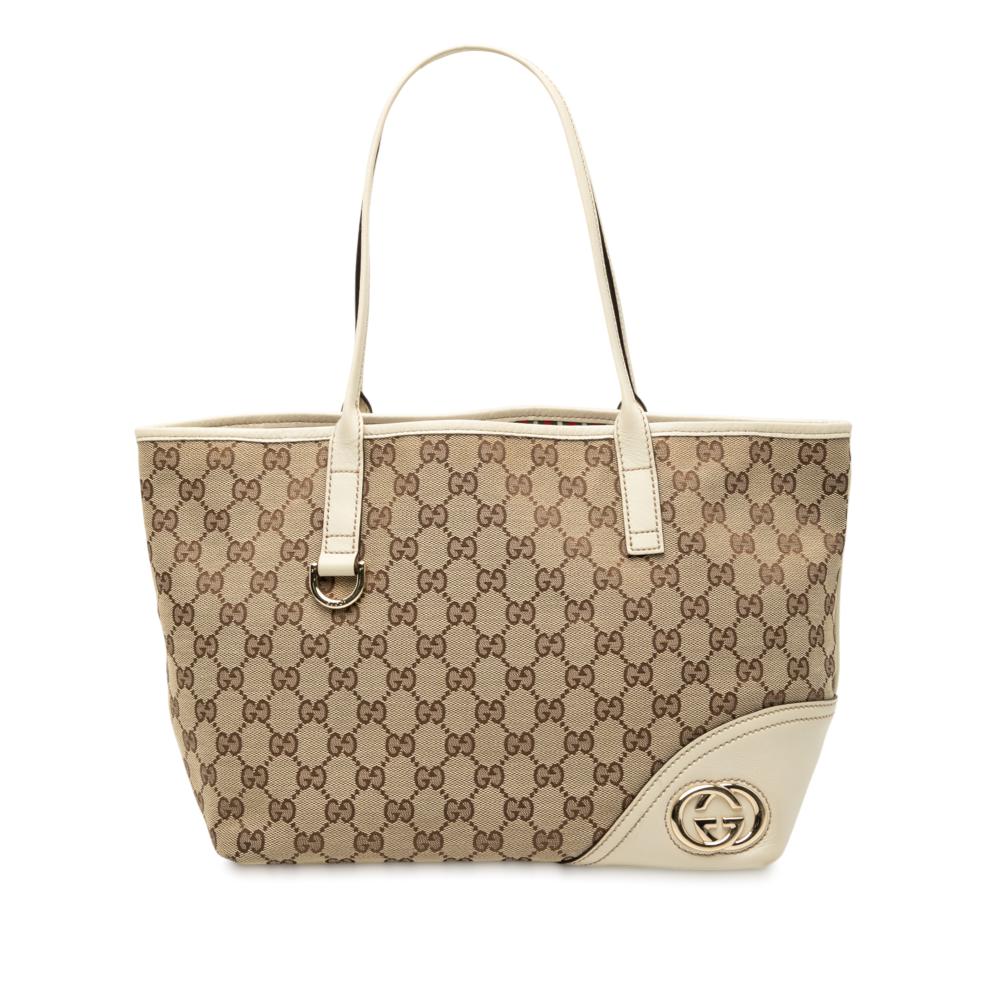 Gucci B Gucci Brown Beige with White Canvas Fabric GG New Britt Tote Italy