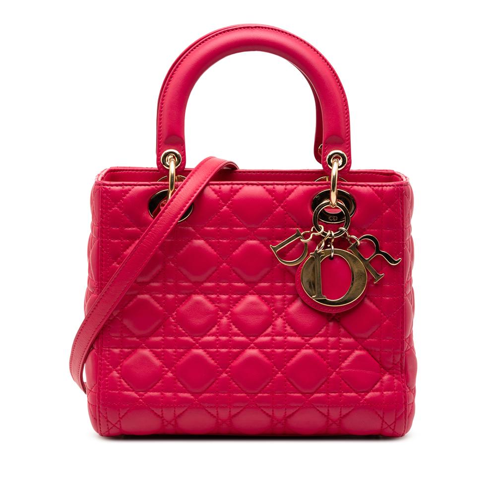 Christian Dior B Dior Pink Dark Pink Lambskin Leather Leather Medium Lambskin Cannage Lady Dior Italy