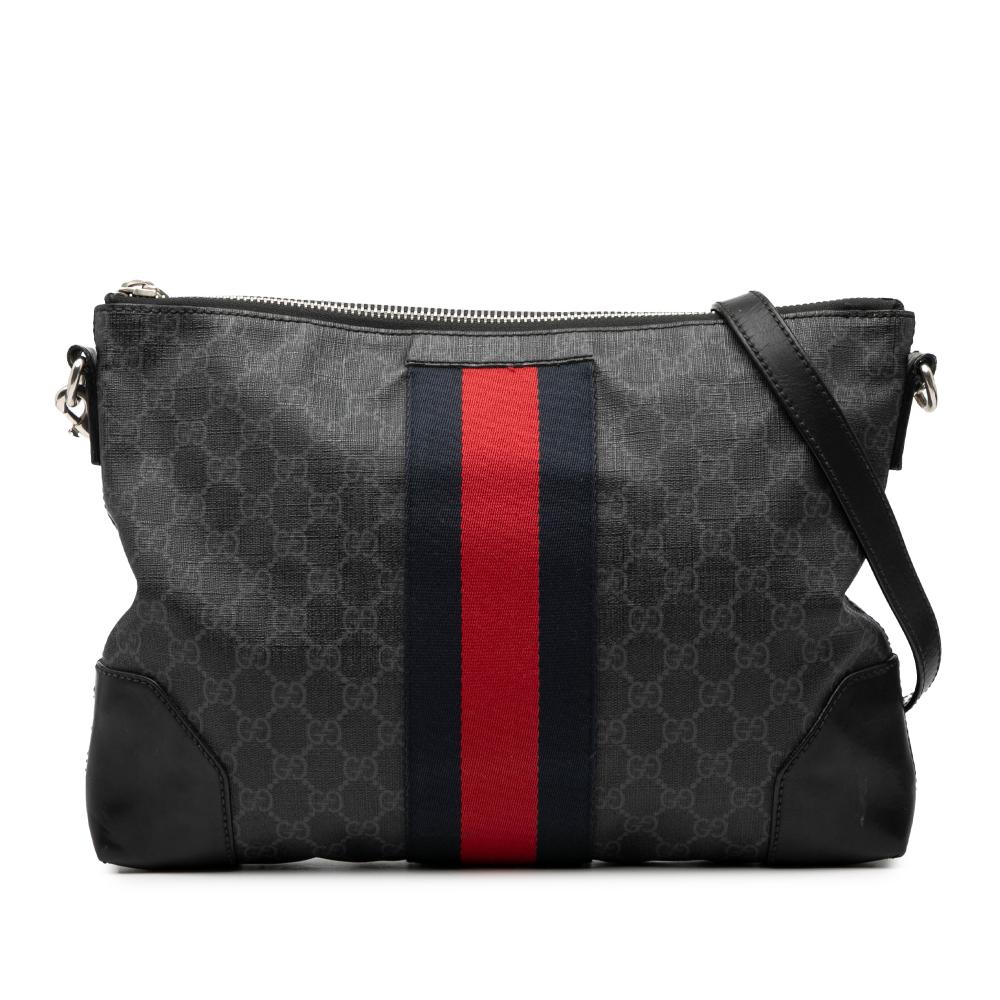 Gucci B Gucci Black Coated Canvas Fabric GG Supreme Web Crossbody Italy
