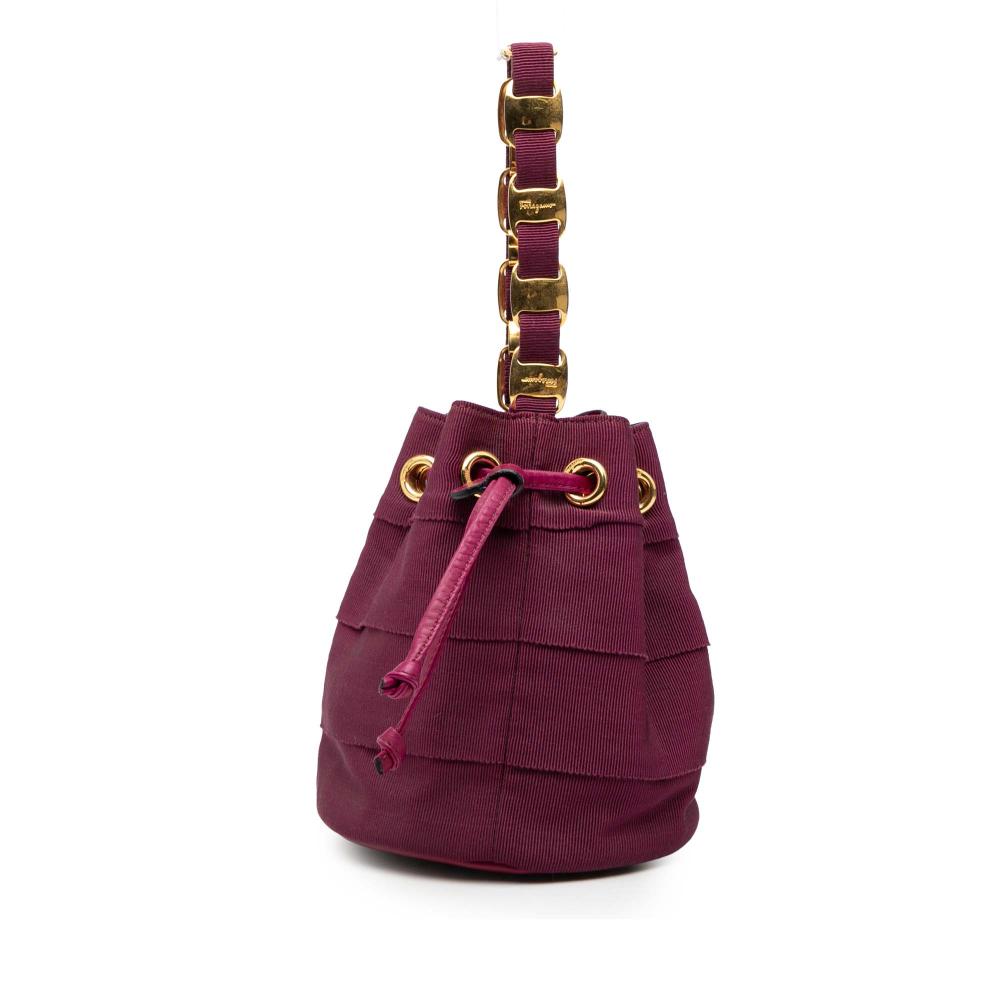 Ferragamo B Ferragamo Purple Magenta Nylon Fabric Tiered Grosgrain Vara Drawstring Bucket Bag Italy