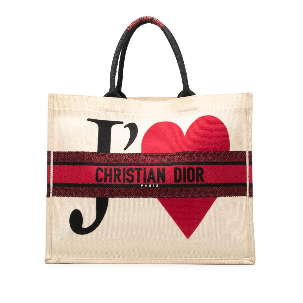 Christian Dior B Dior White Off White Canvas Fabric DiorAmour Large Embroidered Je T aime Book Tote Italy