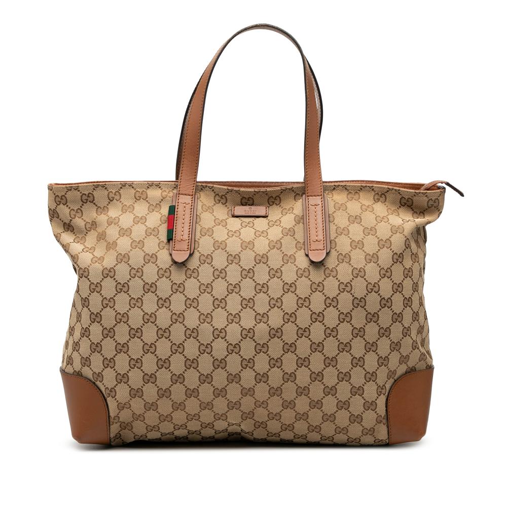 Gucci B Gucci Brown Beige Canvas Fabric GG Web Tote Italy
