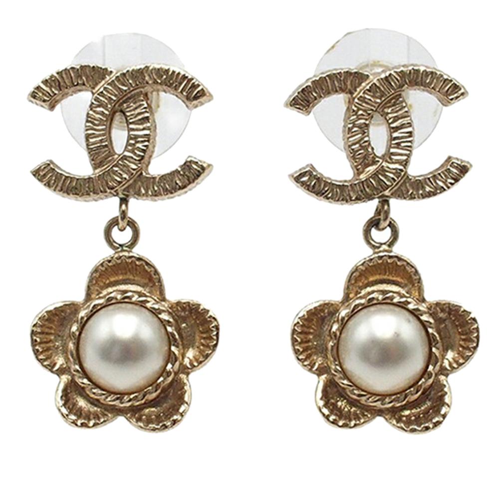 Chanel AB Chanel Gold Light Gold Gold Plated Metal CC Faux Pearl Flower Drop Push Back Earrings Italy